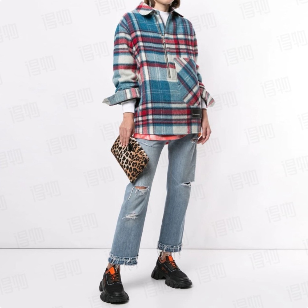 Half zip plaid long-sleeved shirt